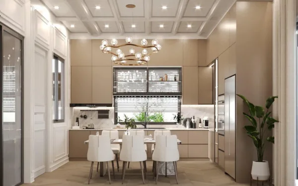 Larelana Villa open-plan kitchen and dining area with light brown cabinetry, marble backsplash, and large window.