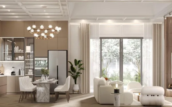 Larelana Villa contemporary open-plan living room and dining area with large glass doors to a garden.