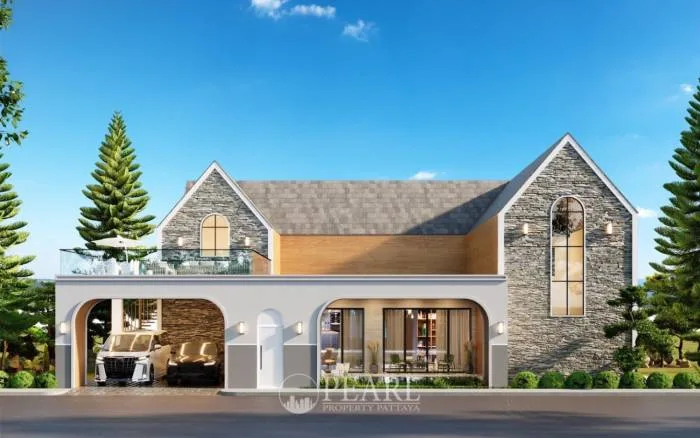 Baan Mae 10 - Baan Mae Bibury - Front exterior of a modern house with stone facade, gabled roof, and integrated carport.