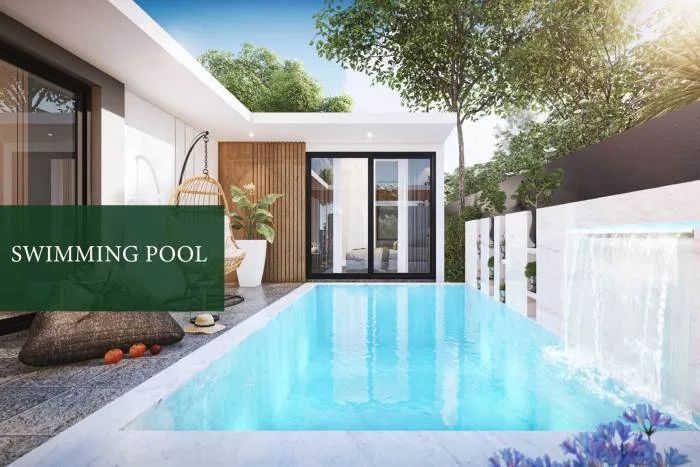 Baan Mae Pool Villa modern exterior with a distinctive roofline, stone facade, and a two-car garage.