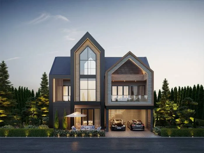 Baan Mae 6 - Madcha Le Villa: Modern two-story house with gabled roof, outdoor patio, and integrated garage.