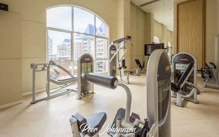 Grande Caribbean fitness center with various exercise machines, large arched window, and city views.