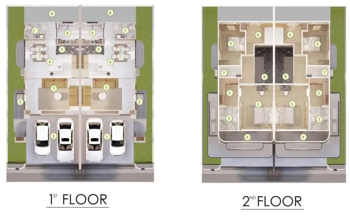Glam Boonsampan 6 1st floor plan showing living areas, kitchen, dining, and carports for two units.
