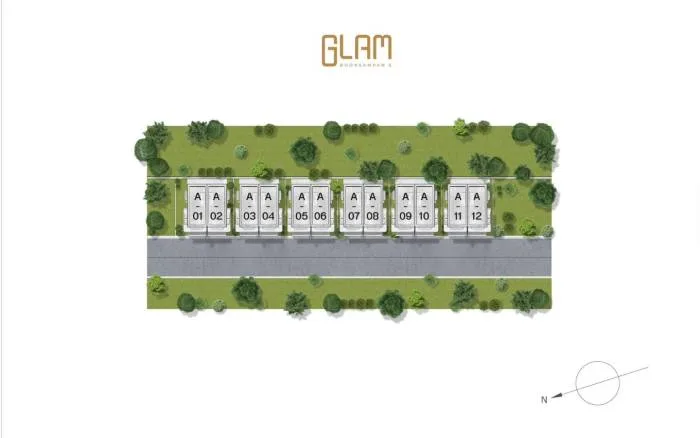 Glam Boonsampan 6 site plan showing a row of twelve townhouses with green spaces and a central road.