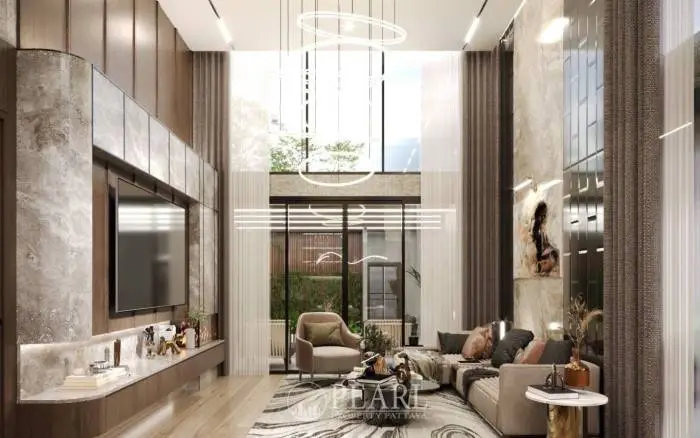 Baan Mae Residence 69 outdoor patio with swimming pool, hot tub, lounge chairs, and dining area at dusk.