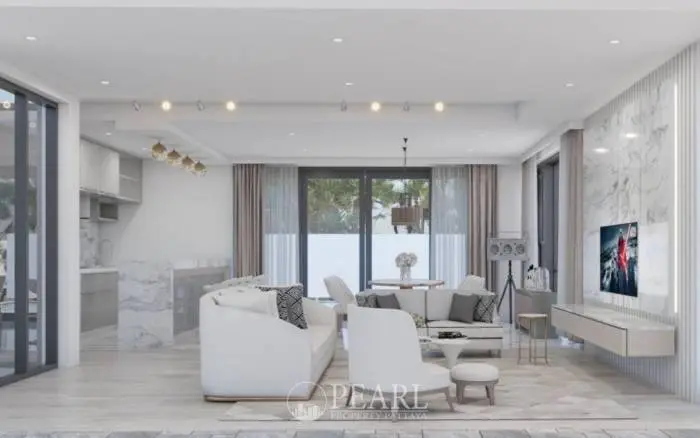 M Estate modern white house exterior with black-framed windows and a fenced yard.