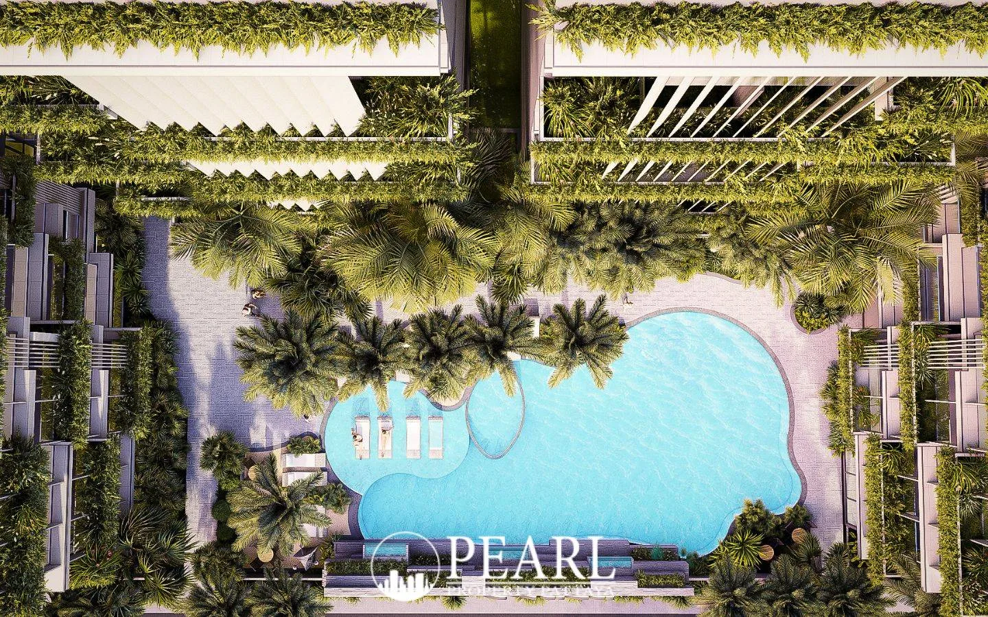 Siam Oriental Oasis large, irregularly shaped swimming pool with sun loungers, surrounded by tropical plants and a building facade.