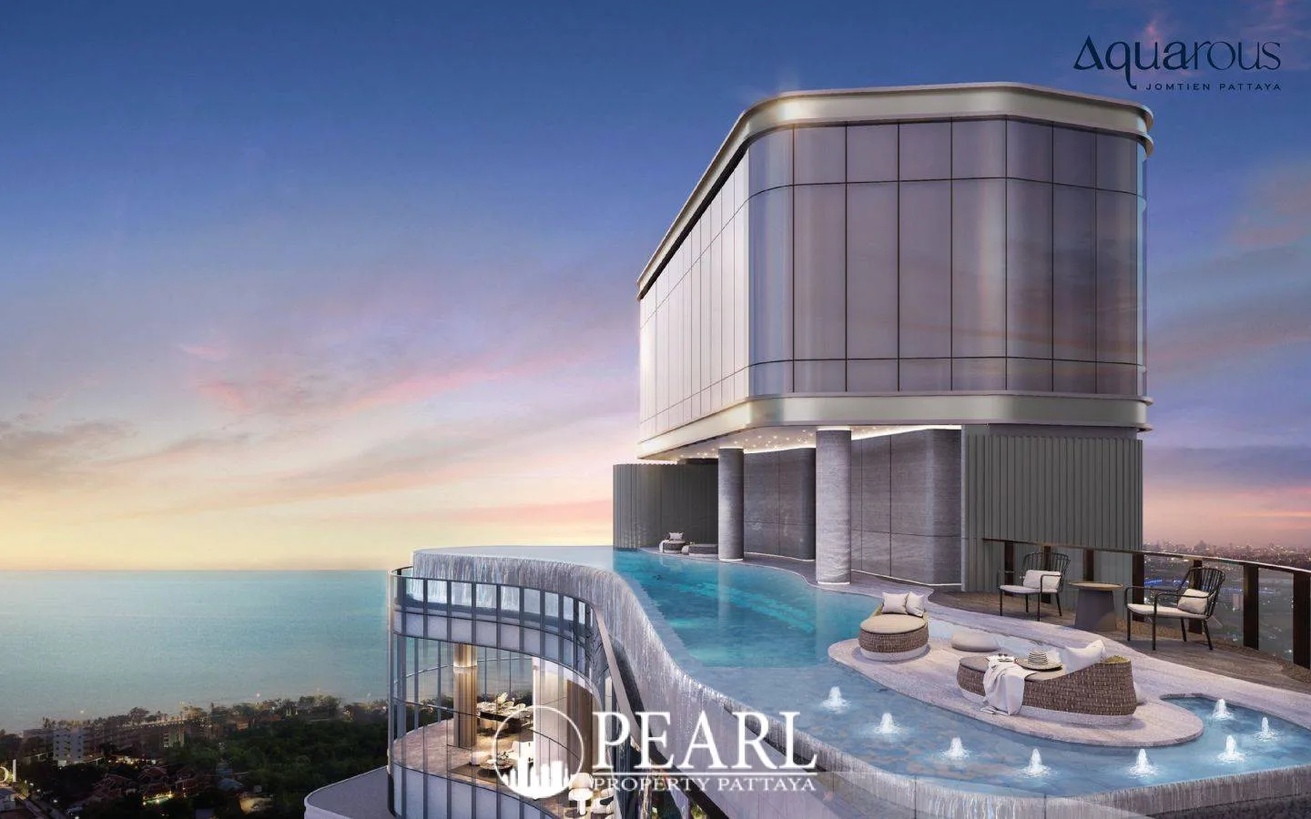 Aquarous Jomtien Pattaya rooftop infinity pool with ocean view, modern building, and sunset sky.