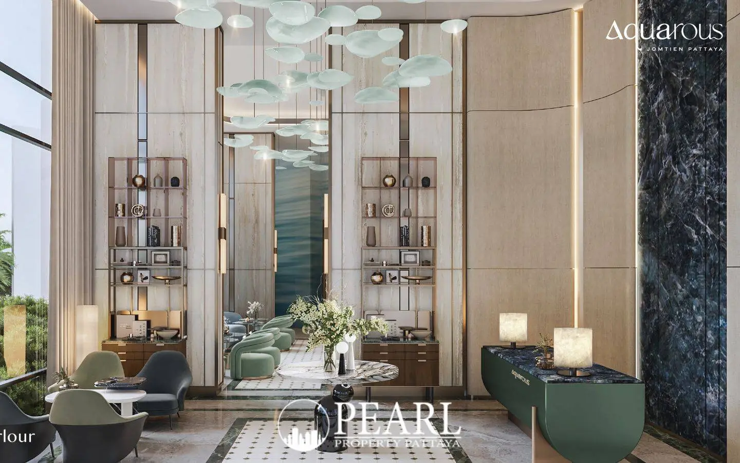 2 Bedroom Executive Suite Condo for Sale at Aquarous Jomtien Pattaya elegant lobby area with reception desk and seating.