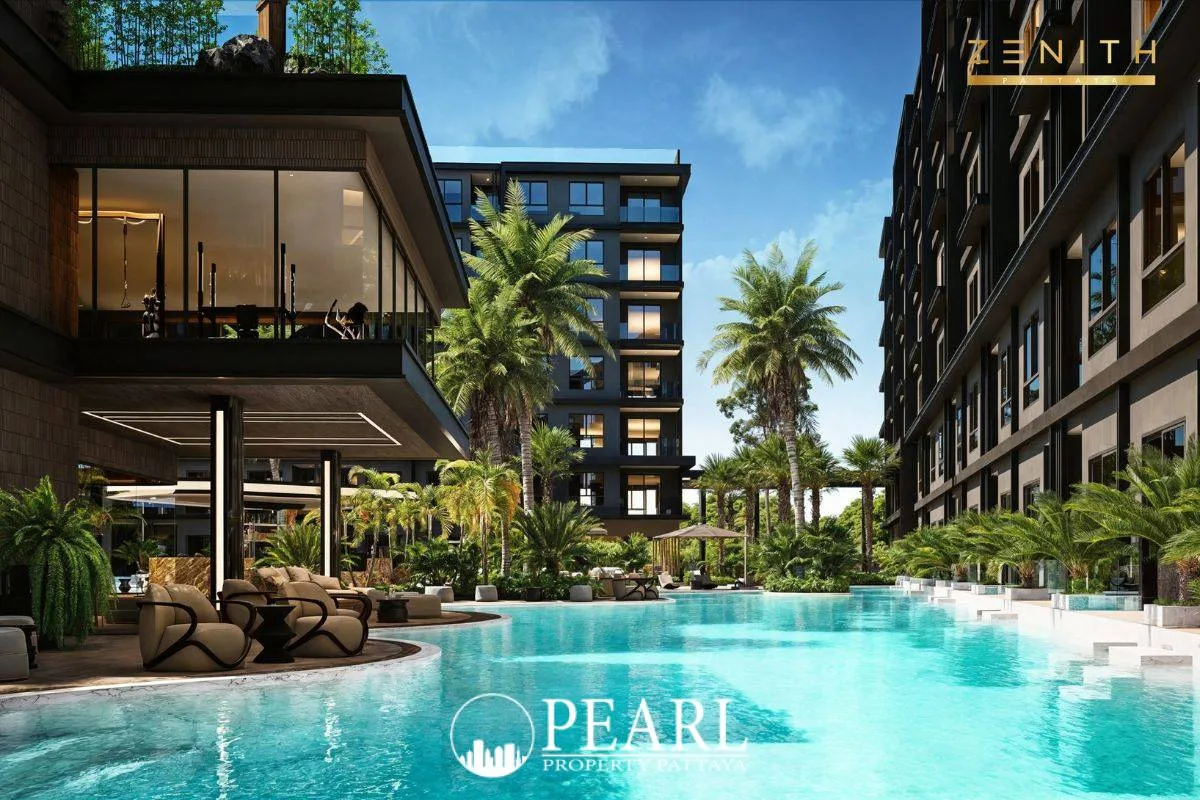 Zenith Pattaya aerial view of modern condo complex with multiple pools, lush rooftop gardens, and palm trees.