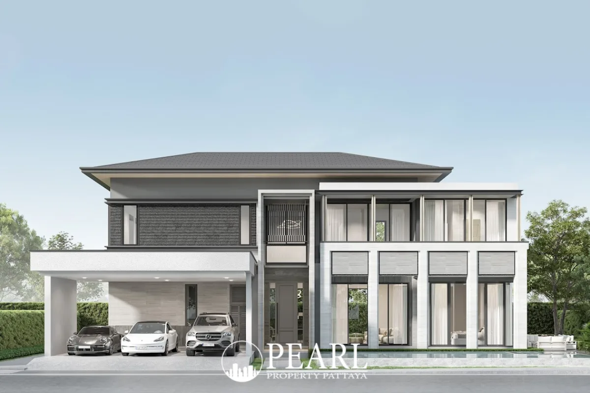 Cascade modern two-story house exterior with carport, large windows, and decorative water feature.