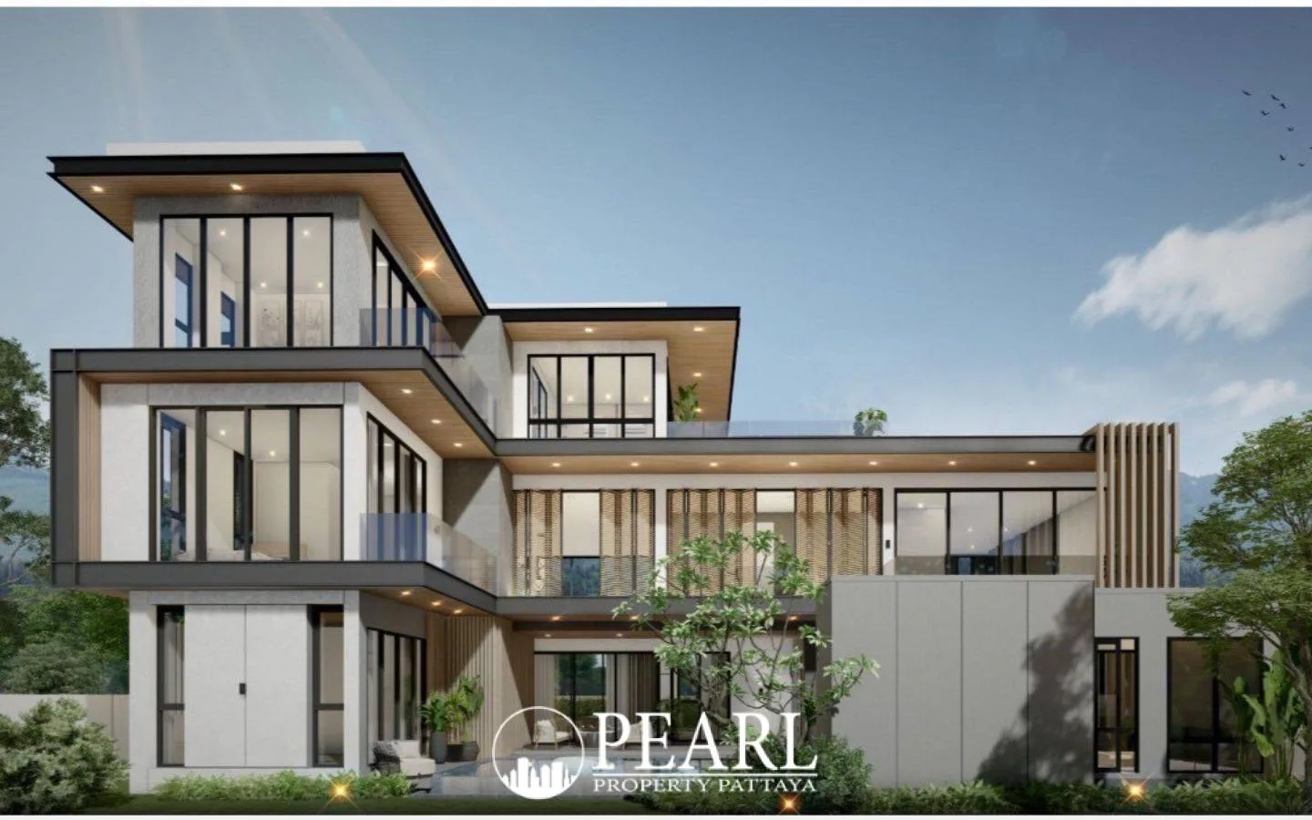 Resta Villa Mabprachan modern multi-story house exterior with large glass windows, balconies, and landscaping under a clear sky.