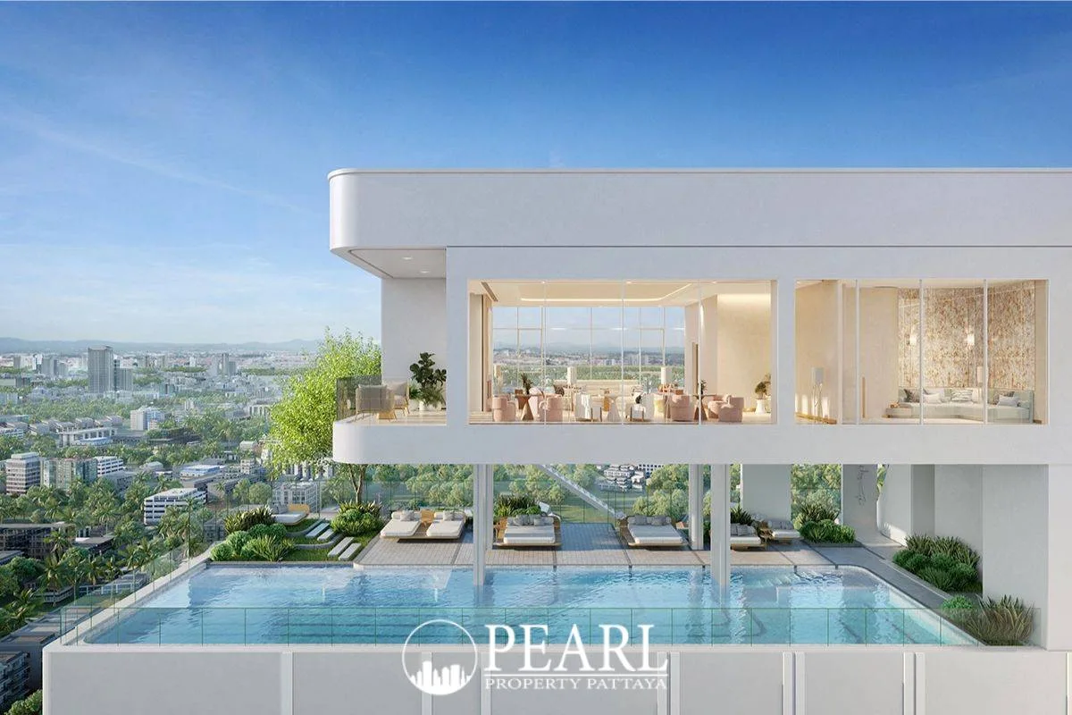 PTY Residence rooftop infinity pool, lounge beds, and modern living spaces with panoramic city views.