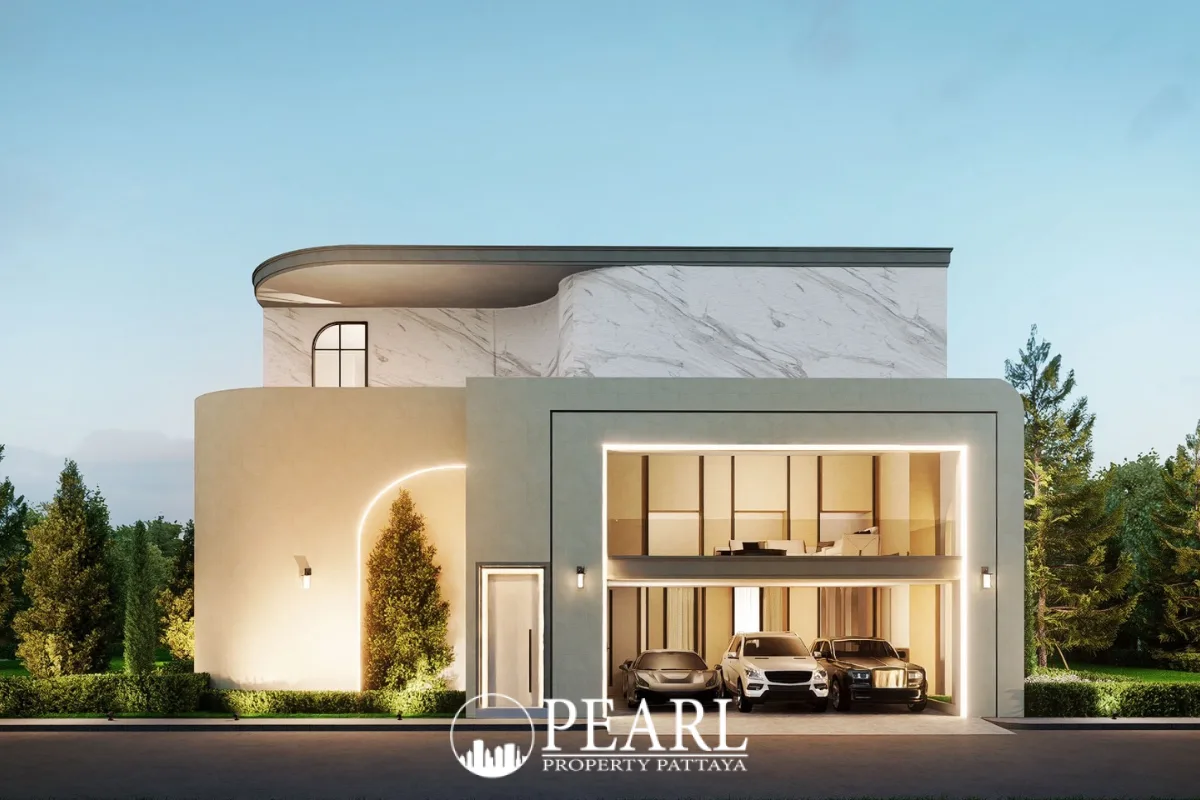 Villa Trivana modern house exterior with a flat roof, large garage, and two luxury cars parked inside.