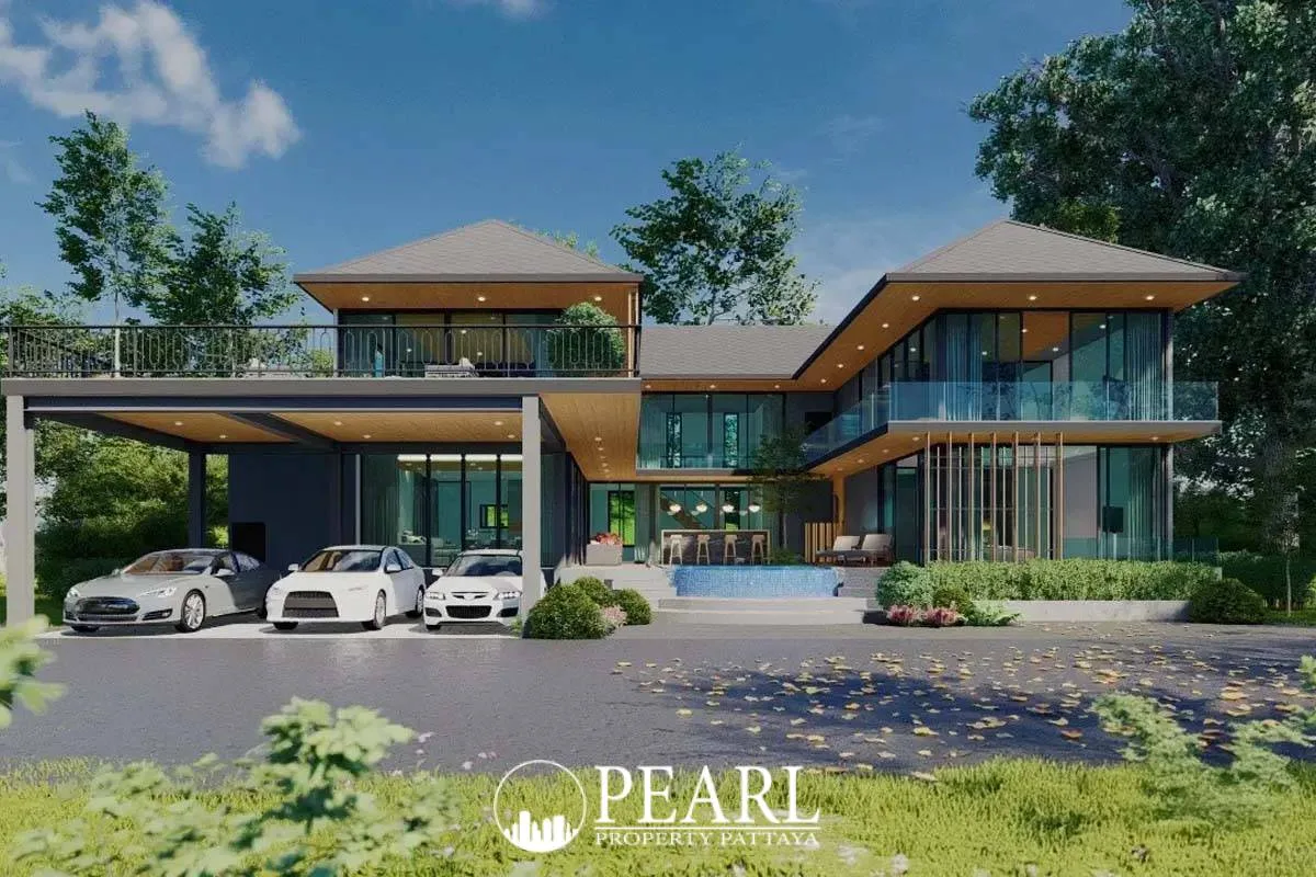 Horseshoe Point wide view of the modern condo exterior with multiple cars in covered parking.