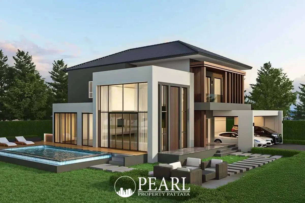 Horseshoe Point modern condo exterior with a rectangular pool, outdoor seating, and carport.