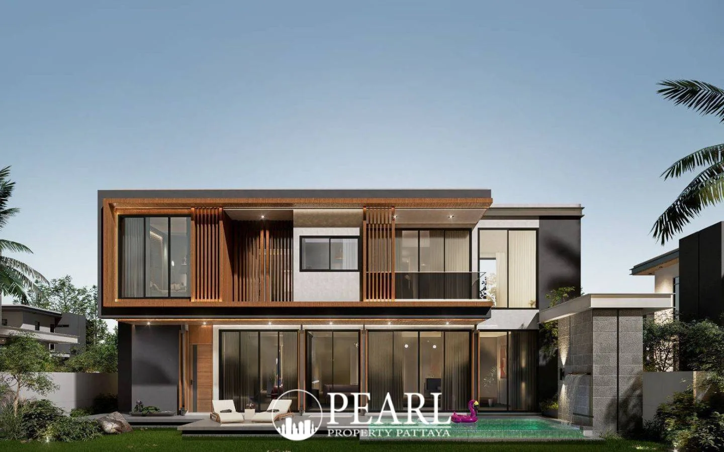 The Ozone Wealth Jomtien Pool Villa Pattaya: Front view of modern house with glass doors, wooden accents, and small pool.