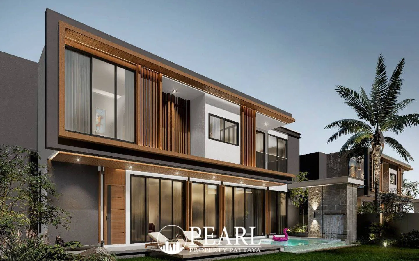 The Ozone Wealth Jomtien Pool Villa Pattaya: Side view of modern house with pool, wooden facade accents, and palm tree.