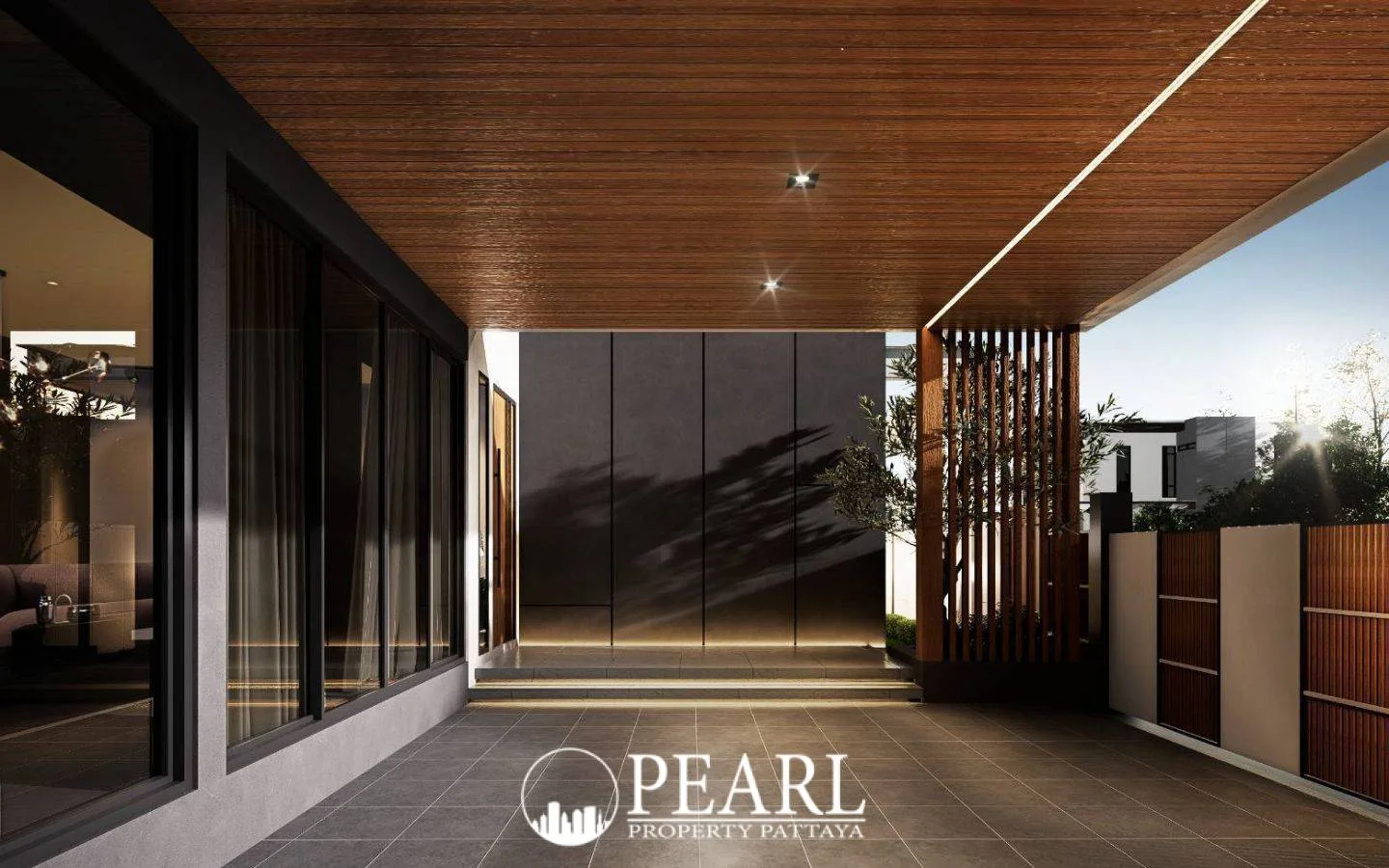 The Ozone Wealth Jomtien Pool Villa Pattaya: Covered outdoor car park with wooden ceiling, tiled floor, and house entrance.