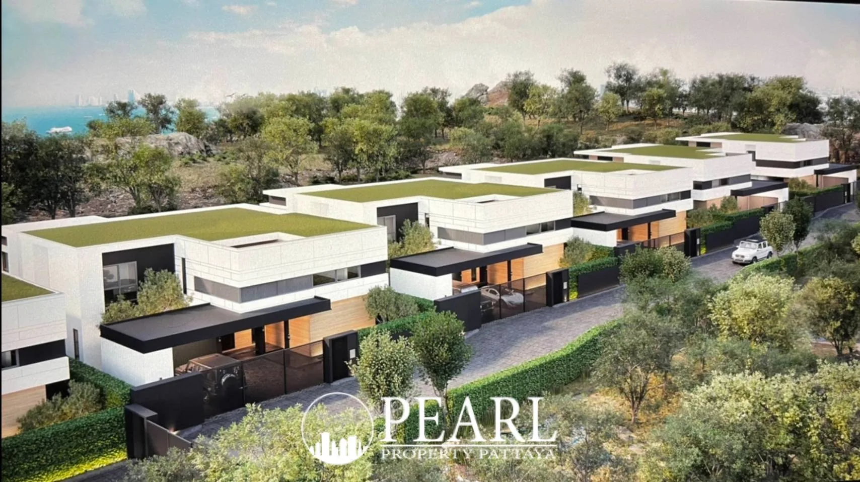 Manruetra Pura Pattaya aerial view of modern houses with green roofs and lush landscaping, overlooking the sea.