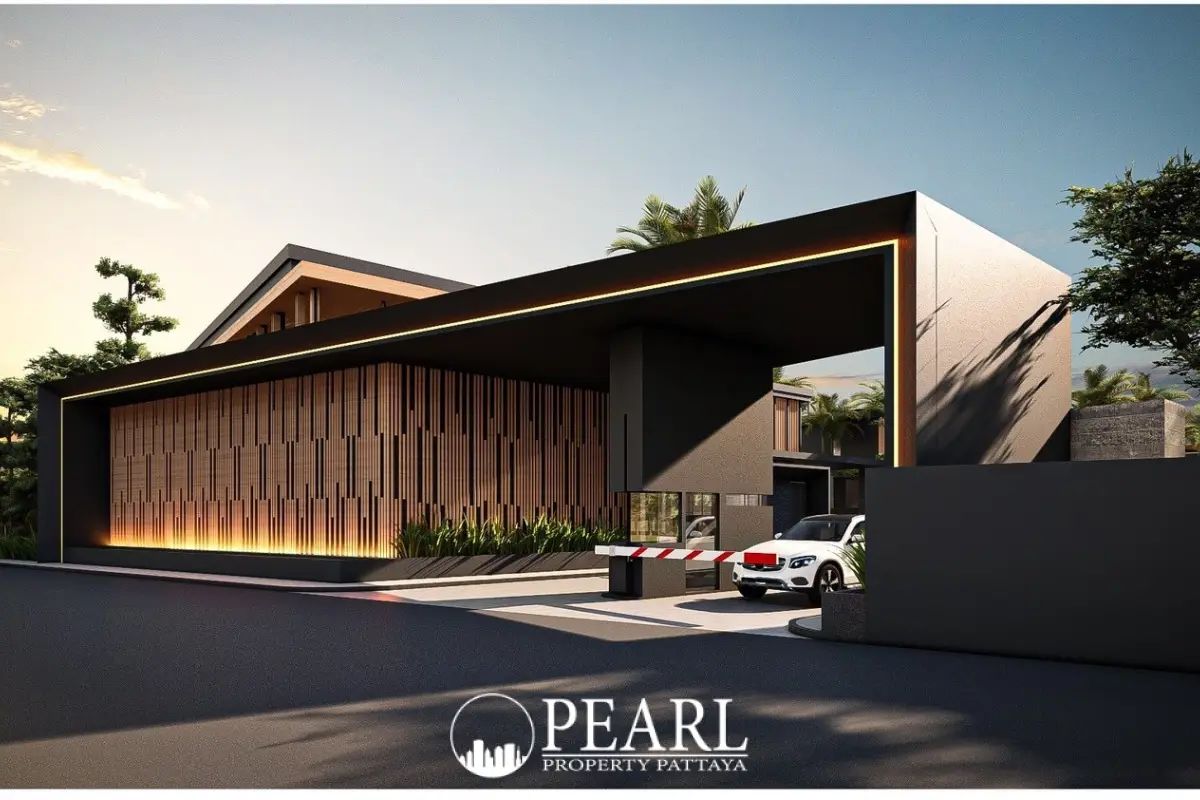 The Scenevanar close-up of the contemporary entrance gate with illuminated wooden slats and a white car waiting.