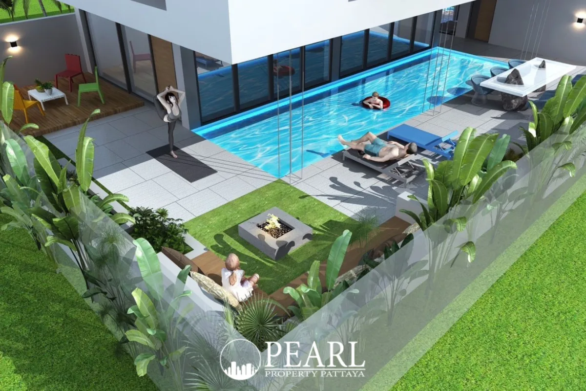 Young Life Villa modern white villa exterior at dusk with spiral staircase, pool, and luxury car.