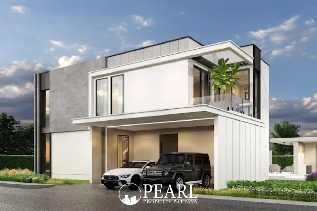AVANI Pool Villa modern exterior with white and grey facade, carport, and two luxury cars parked in front.