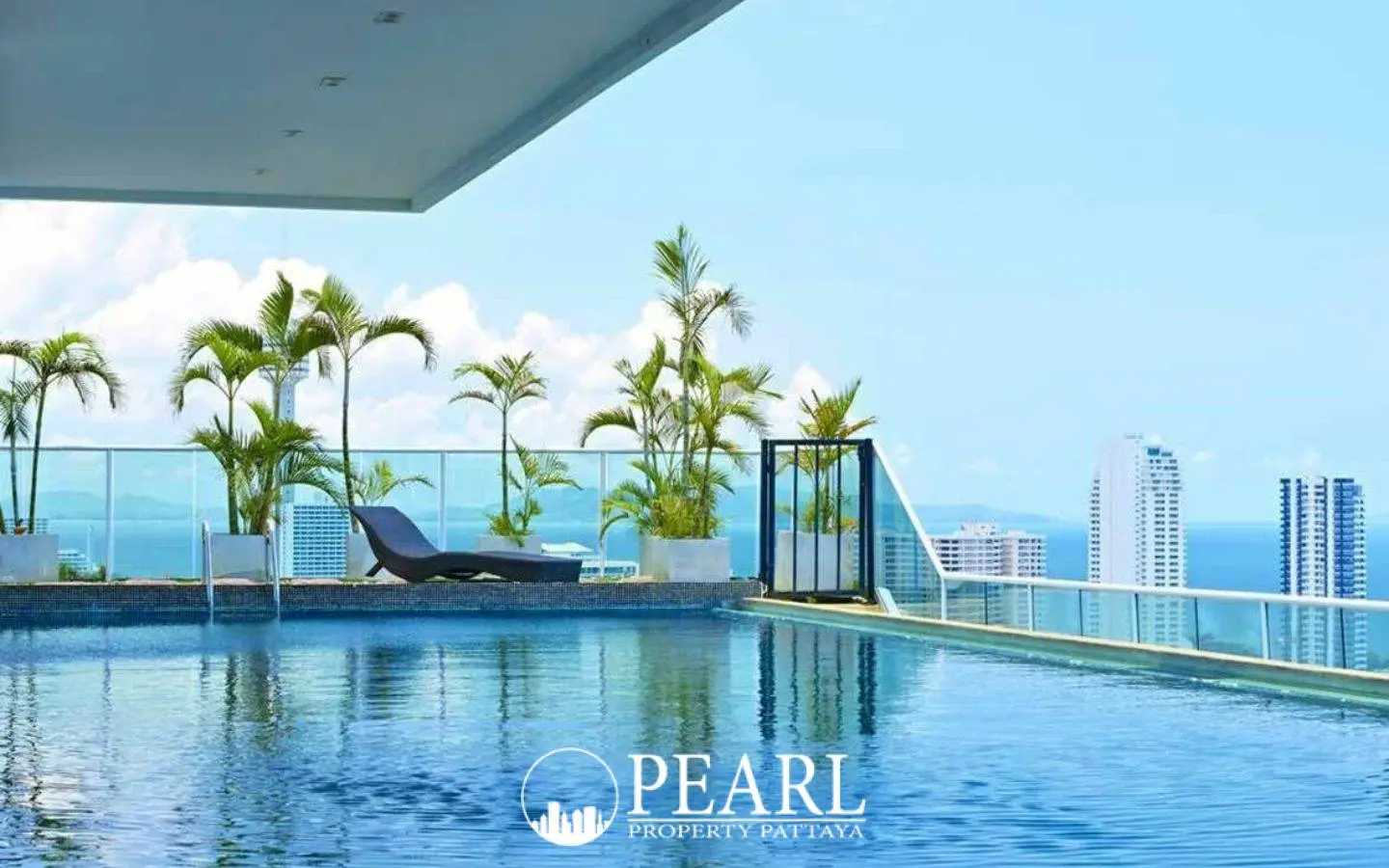 Cosy Beach View rooftop infinity pool with lounge chair, palm trees, and panoramic ocean and city views under blue sky