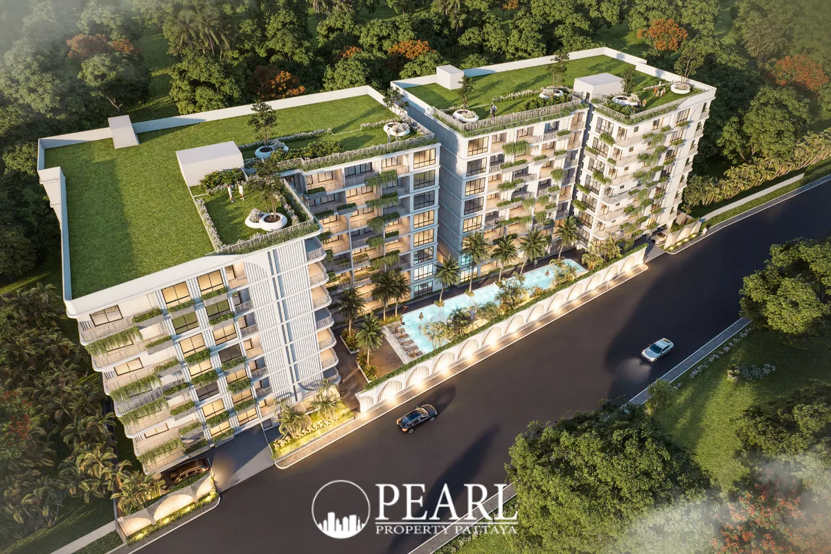 Avenue Boutique Pattaya: Aerial view of the condo complex with rooftop gardens, pool, and surrounding greenery.