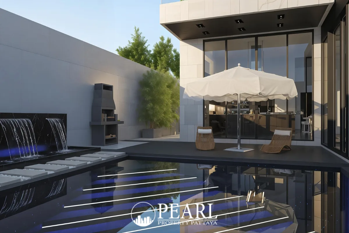 Bamboo Luxury Villa exterior with a large garage, black car, and contemporary architectural design.