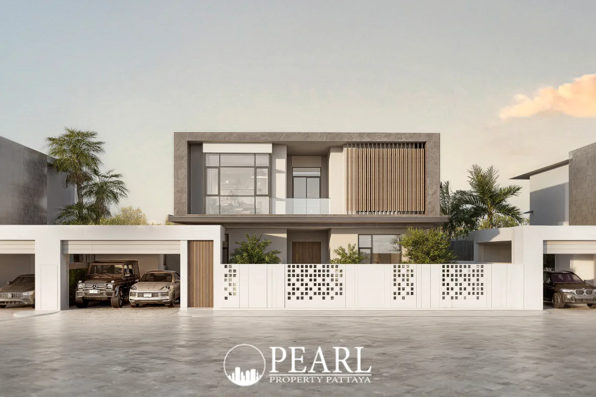 Tree Villa street view of a modern house with a light facade, large windows, and a multi-car garage.