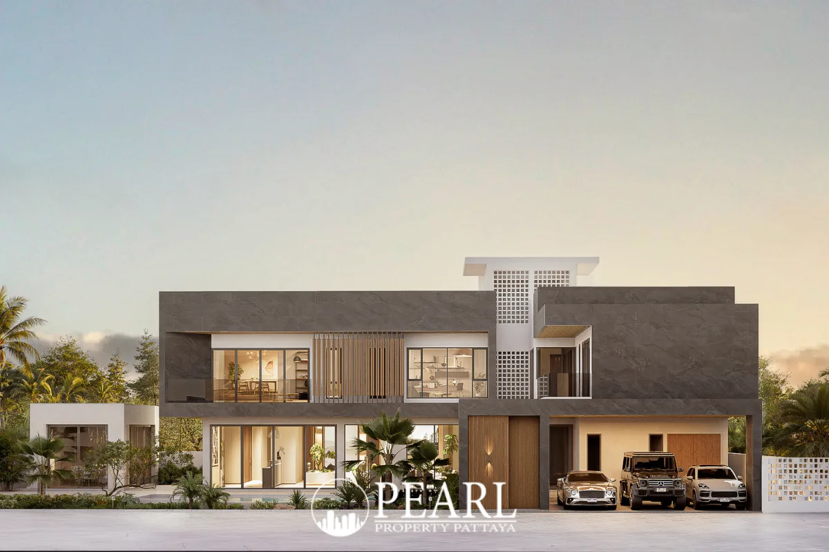 Tree Villa street view of a contemporary house with a dark stone facade and multiple luxury cars parked.