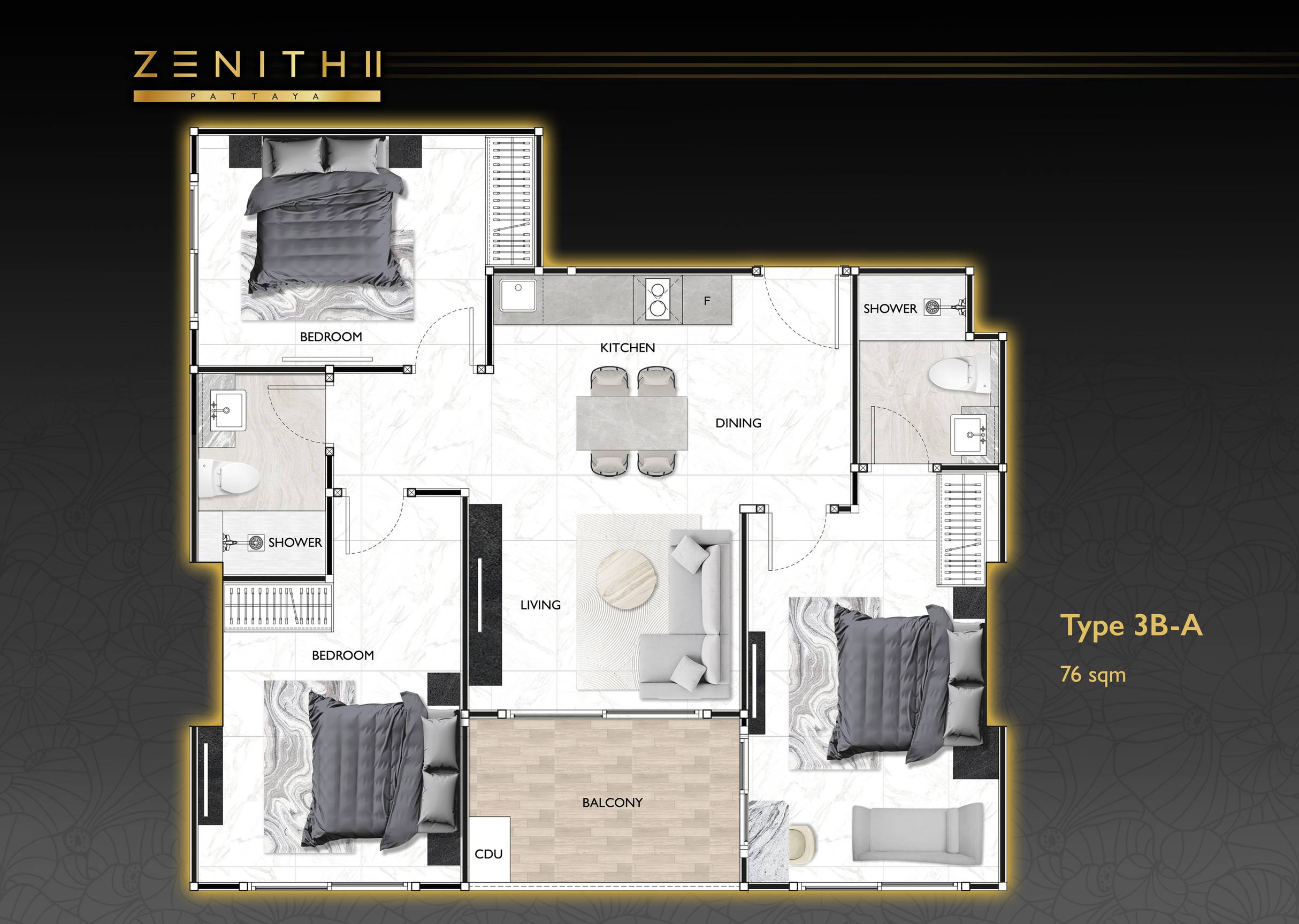 Zenith II Pattaya floor plan Type 3B-A · 76 sqm