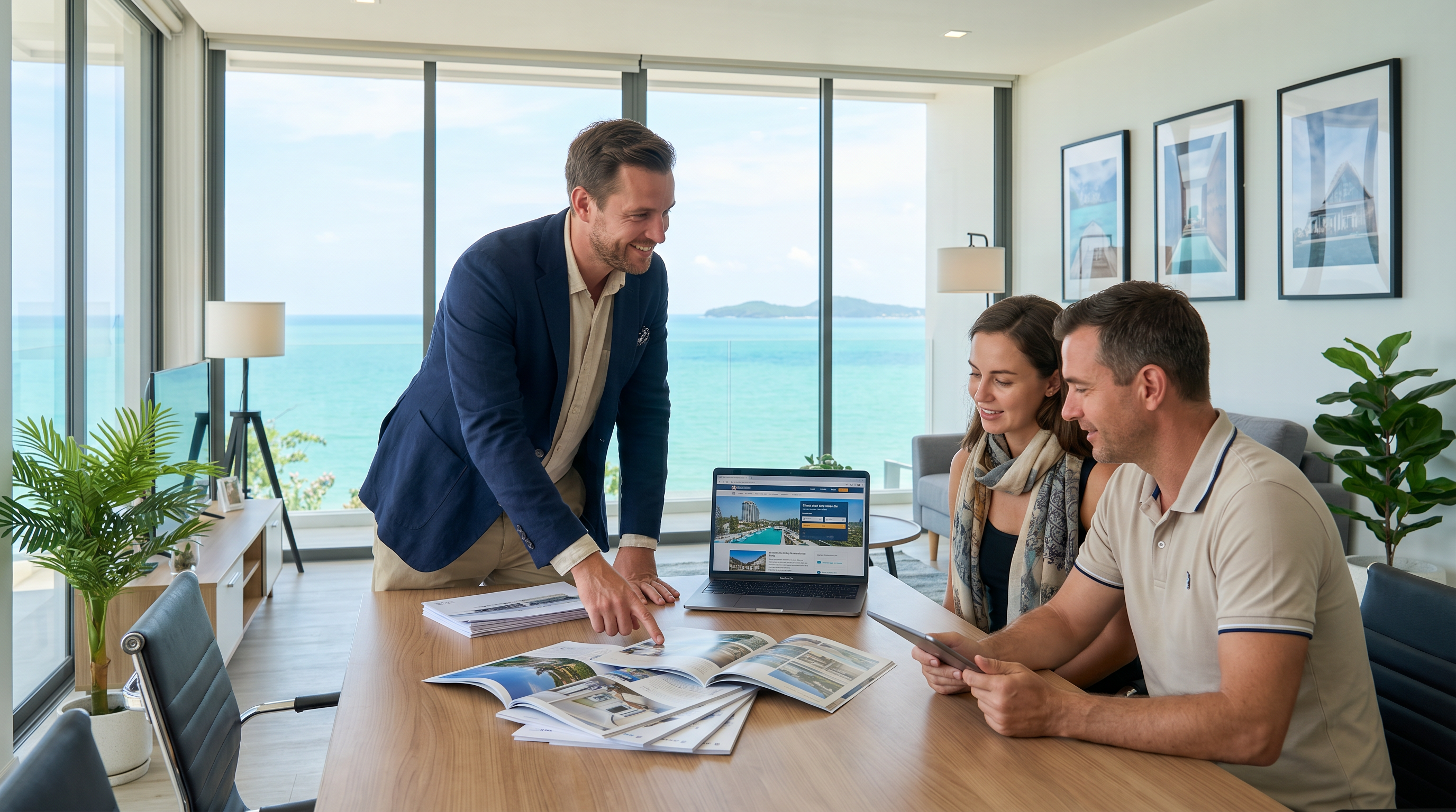 Pearl Property Pattaya consultation — Peer Johannsen with international buyers reviewing financing options