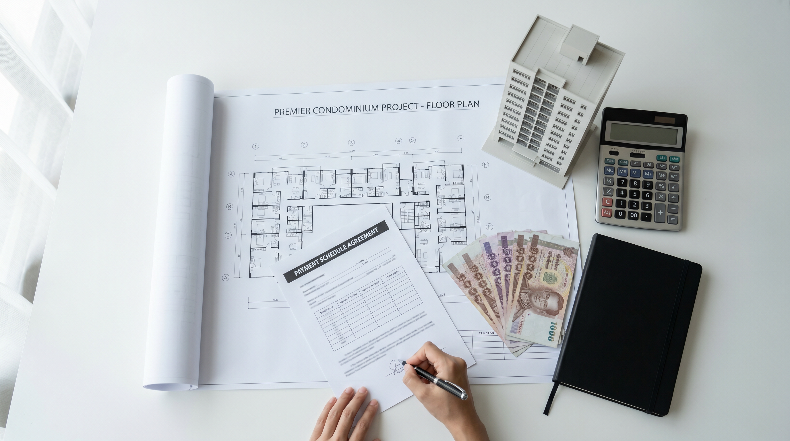 Developer payment plan: signing a payment schedule agreement with Thai baht and a condominium floor plan
