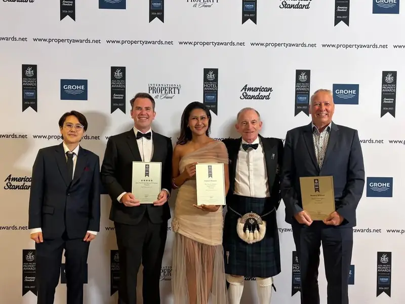 Pearl Property team receiving three awards at the International Property Awards Asia Pacific 2026-2027 ceremony